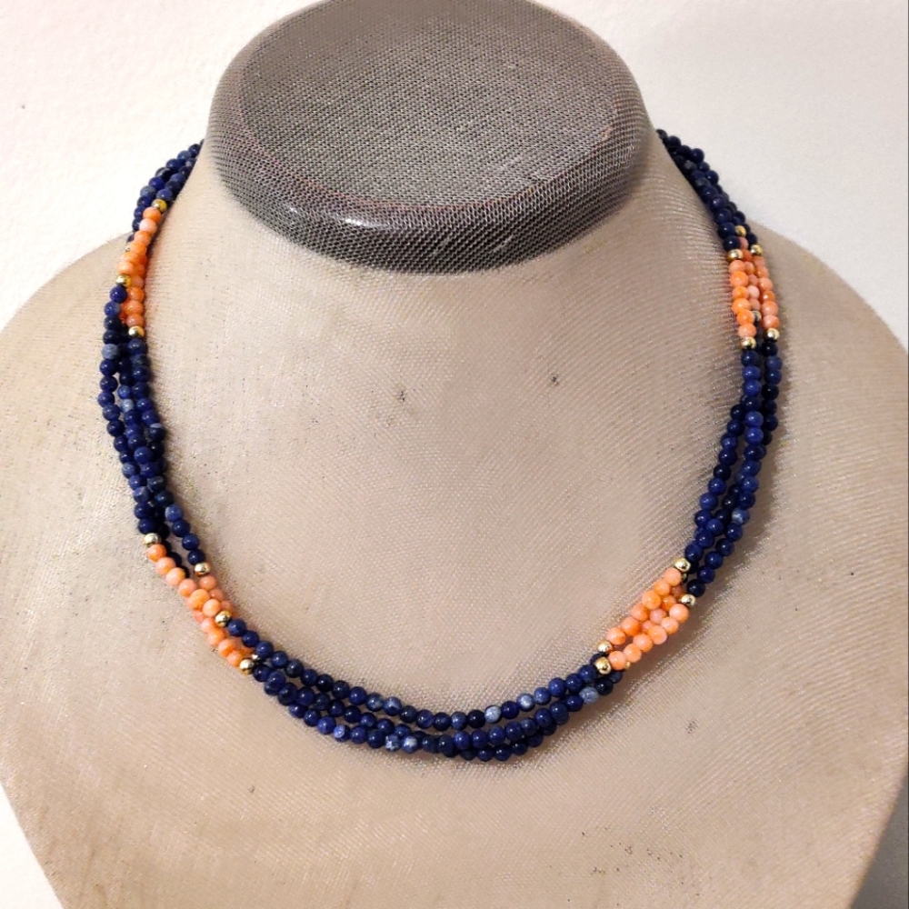 Vintage Genuine Coral and Sodalite Triple Strand Necklace